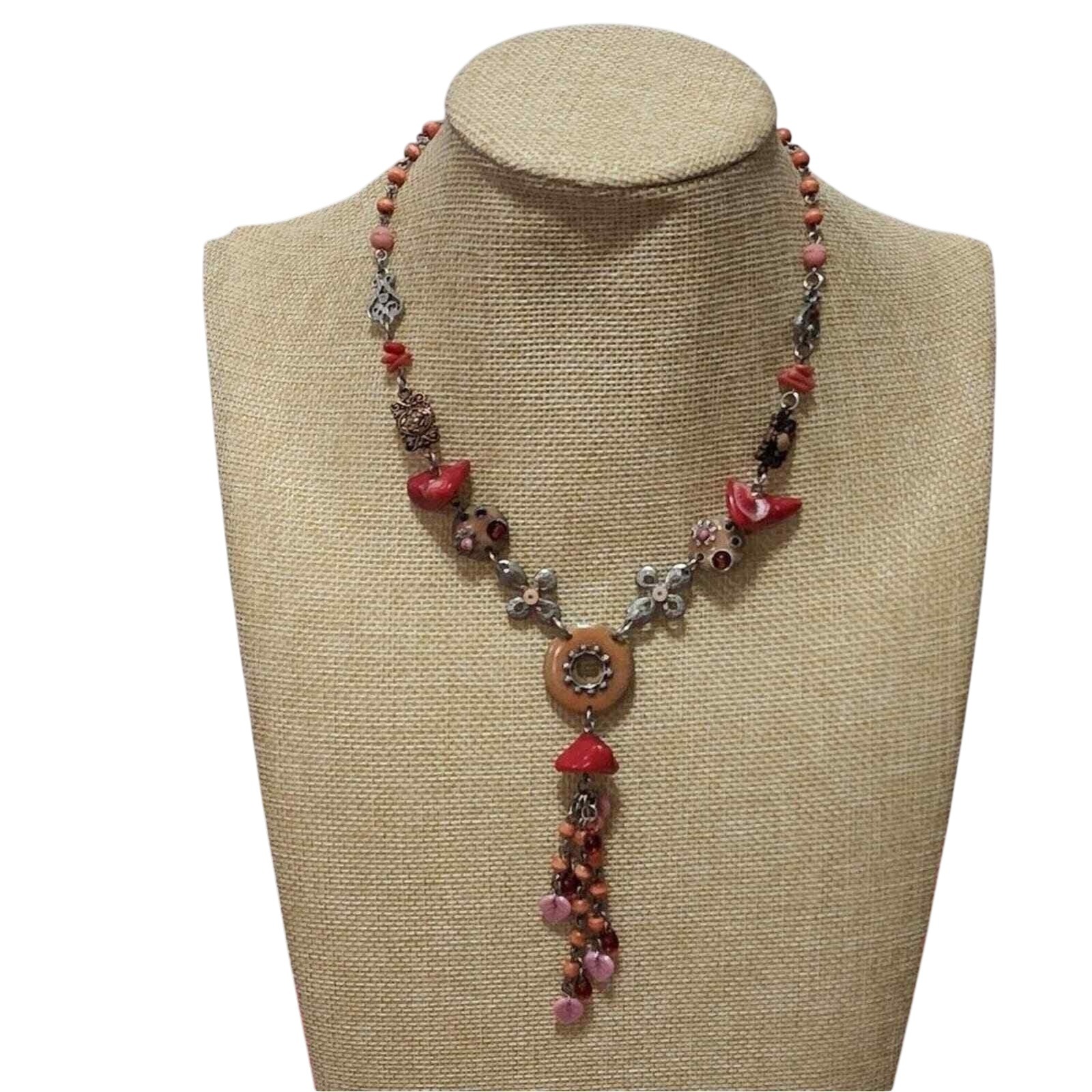 Treska Gypsy Warehouse Red Pink Beaded Statement Necklace Coral Tassel Boho New 35$